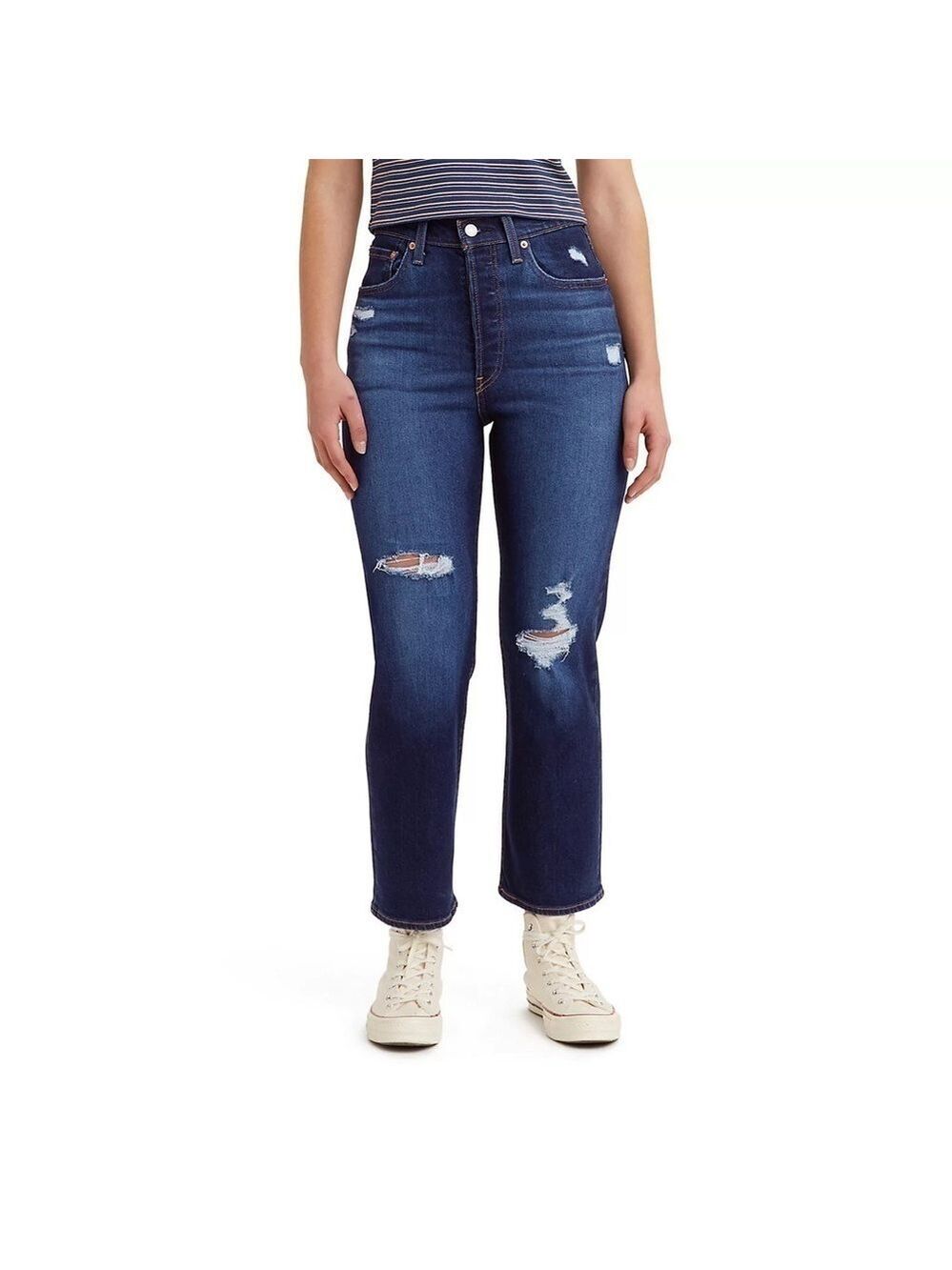 Levi’s Ribcage Straight Ankle Jeans High Rise Dark Wash Distressed Size 26